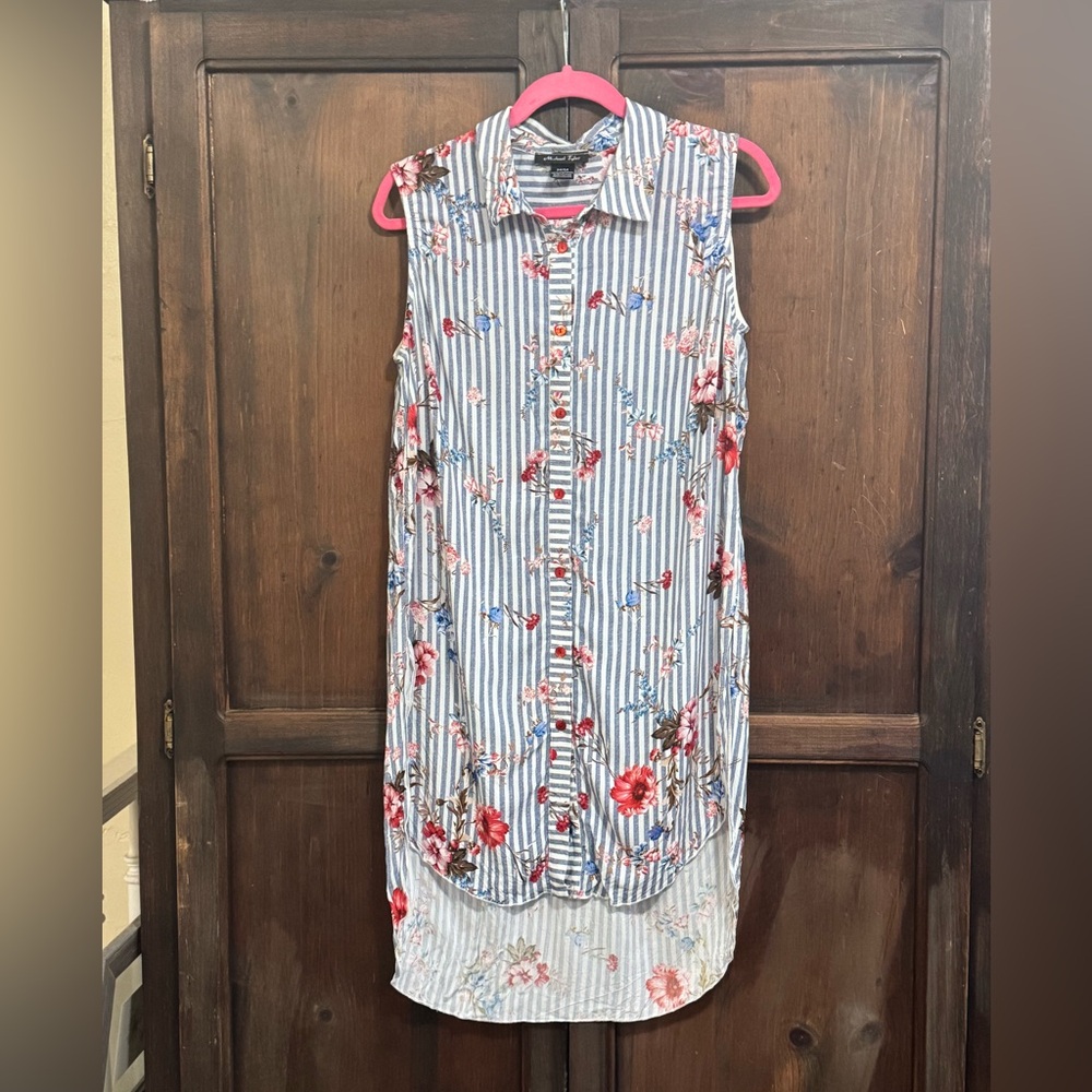 Michael Tyler Floral Striped Sleeveless Shirt Dress Tunic Top Medium Cottagecore